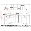 JUNO WHITE GRAFIT 200x200 cm L alakú konyhablokk fehér / grafit jobbos