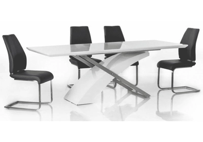 Meghosszabbítható étkezőasztal, fehér extra magasfényű HG/fém, 160-220x90 cm, KROS