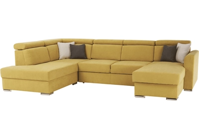 Luxus kivitelű ülőgarnitúra, sárga/barna párnák, balos, MARIETA U