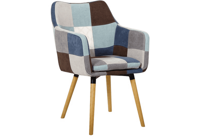 Fotel, kék/bézs minta patchwork/bükk, LANDOR
