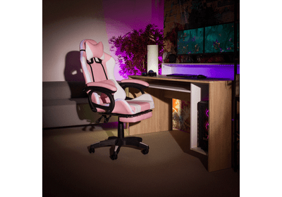 Irodai/gamer szék RGB LED-világítással, rózsaszín/fehér, JOVELA