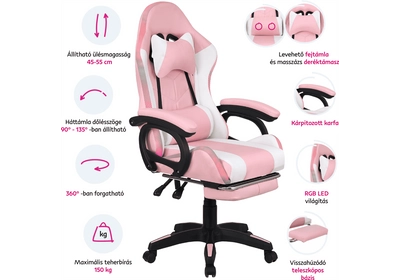 Irodai/gamer szék RGB LED-világítással, rózsaszín/fehér, JOVELA