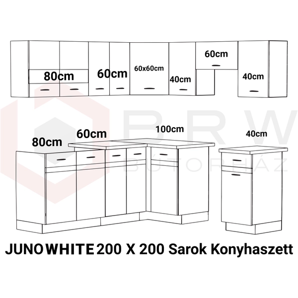 JUNO WHITE GRAFIT 200x200 cm L alakú konyhablokk fehér / grafit jobbos