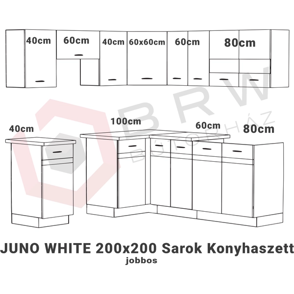 JUNO WHITE 200x200 cm L alakú konyhablokk fehér / arany craft tölgy (jobbos)