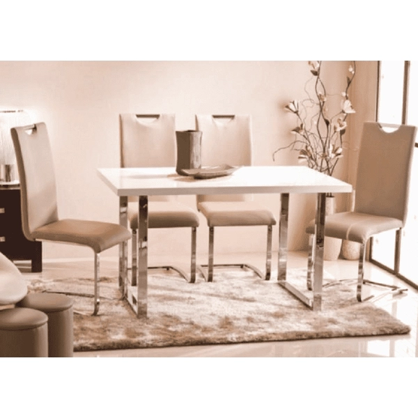 Étkezőasztal, fehér HG + króm, 130x80 cm, TALOS
