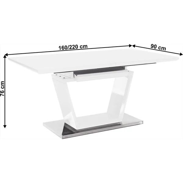 Étkezőasztal, nyitható, fehér extra magasfényű/acél, 160-220x90 cm, PERAK