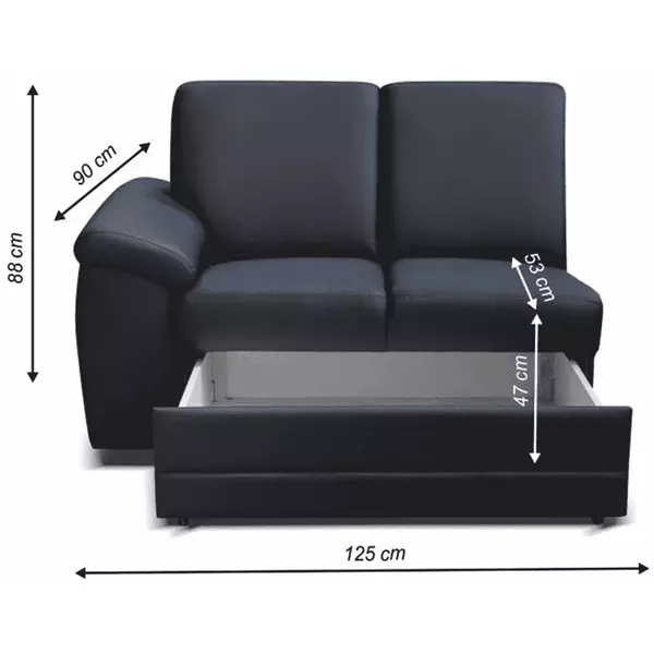 2 személyes kanapé rakodótérrel, textilbőr fekete, balos, BITER 2 1B ZS