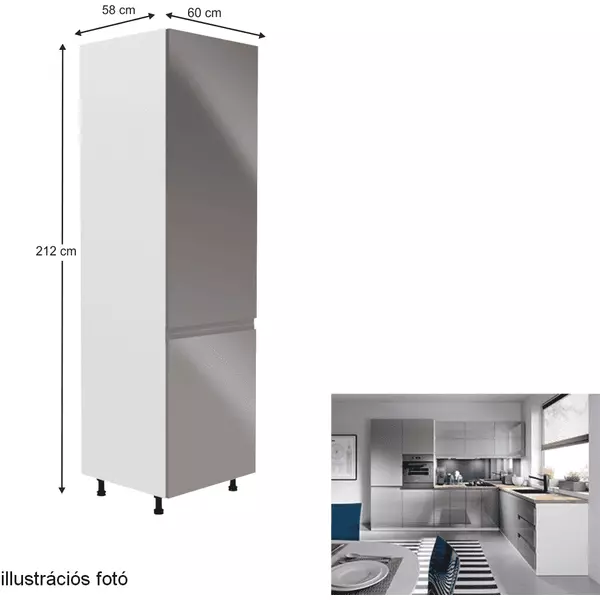 Hűtőgép szekrény, fehér/szürke extra magasfényű, jobbos, AURORA D60R