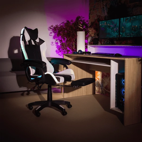 Irodai/gamer szék RGB LED-világítással, fekete/fehér, JOVELA