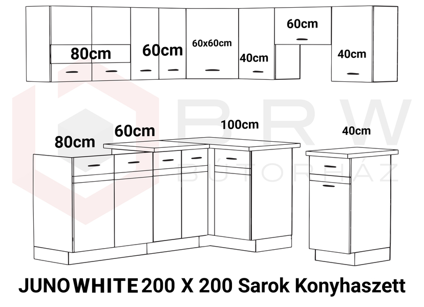JUNO WHITE 200x200 cm L alakú konyhablokk fehér / arany craft tölgy (balos)