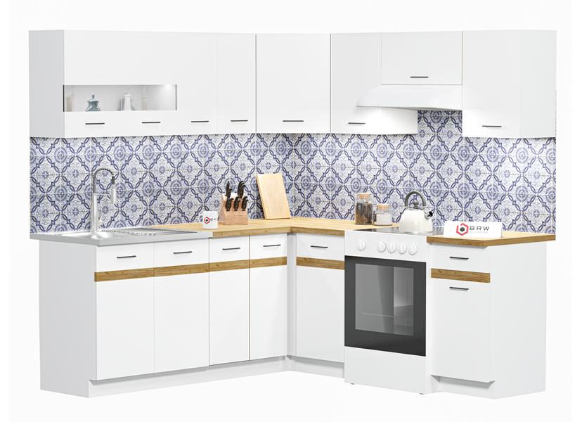 JUNO WHITE 200x200 cm L alakú konyhablokk fehér / arany craft tölgy (balos)