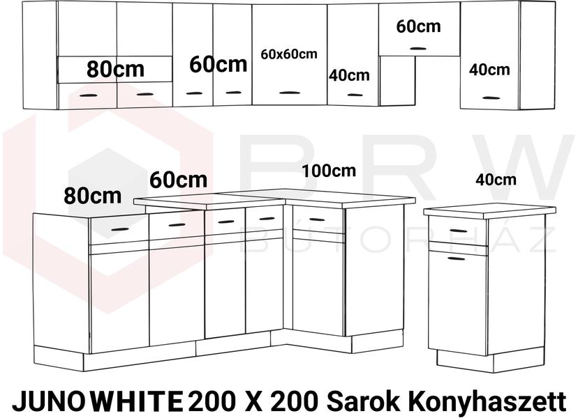 JUNO WHITE 200x200 cm L alakú konyhablokk fehér / arany craft tölgy (balos)