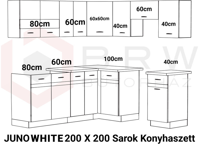 JUNO WHITE GRAFIT 200x200 cm L alakú konyhablokk fehér / grafit balos