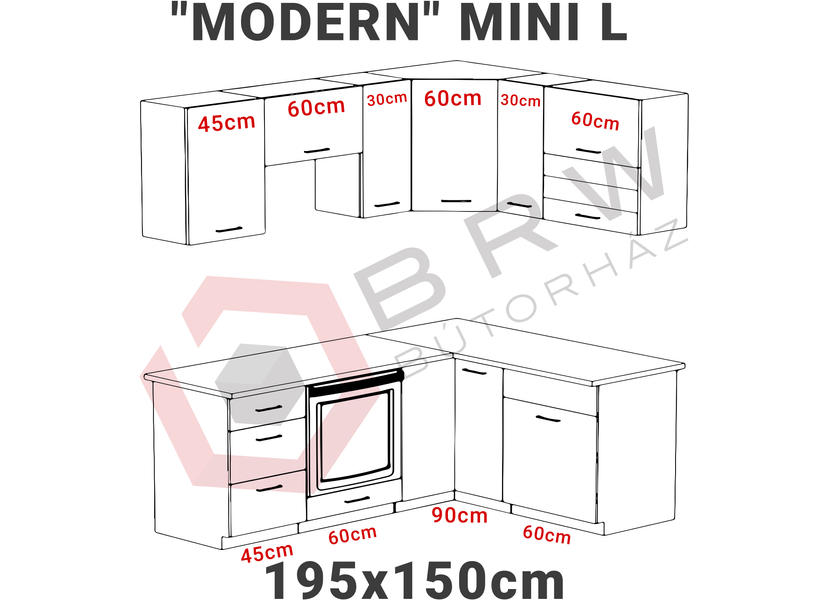 Modena MINI L alakú konyha 195x150 cm grafit – fehér