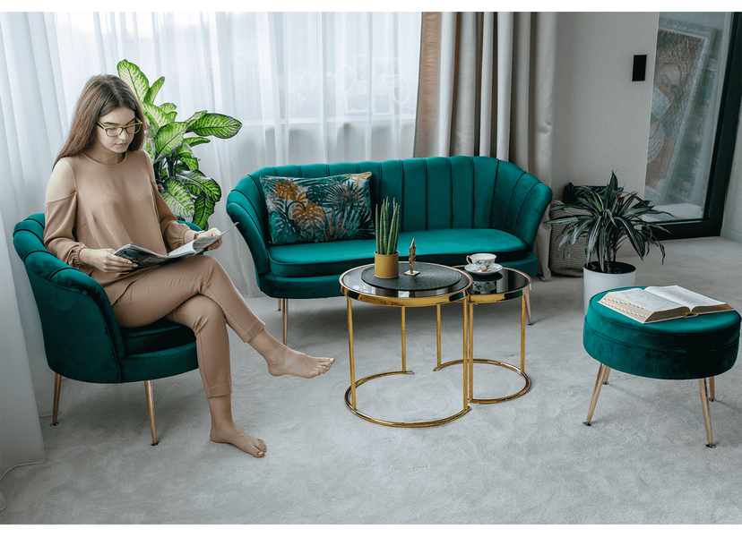 Fotel Art-deco stílusban, smaragd Velvet anyag/gold króm-arany, NOBLIN NEW
