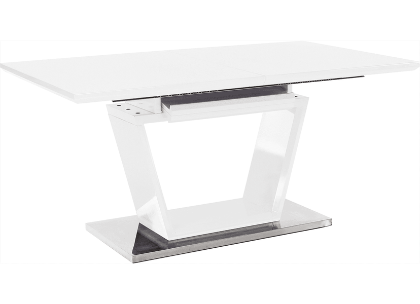 Étkezőasztal, nyitható, fehér extra magasfényű/acél, 160-220x90 cm, PERAK