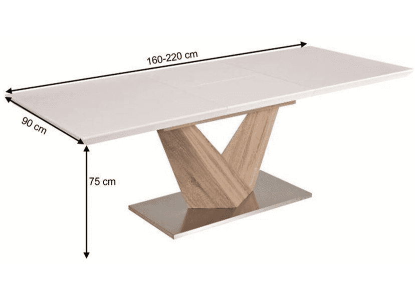 Étkezőasztal, nyitható, MDF+acél, fehér extra HG/tölgy sonoma, 160x90 cm, DURMAN
