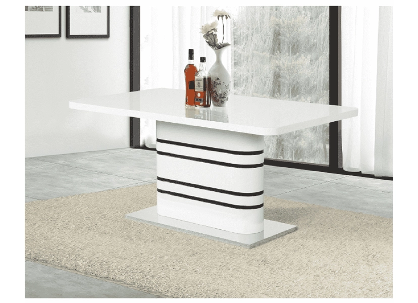 Nyitható étkezőasztal, fehér magasfényű HG/fekete csíkok, 160-200x90 cm, TUBAL