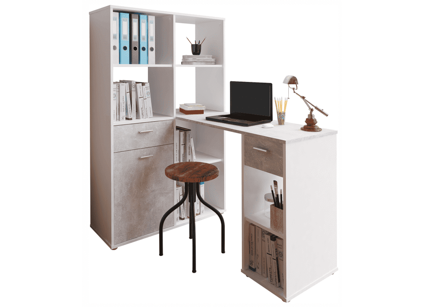 PC-asztal könyvespolccal, fehér/beton, MINESON