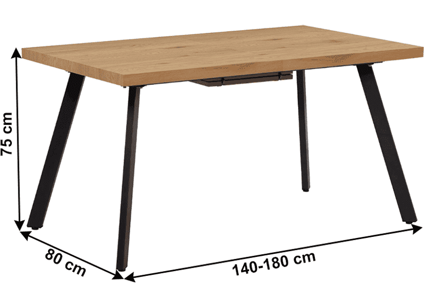 Akaiko kinyitható, bővíthető étkezőasztal, tölgy/fém, 140-180x80 cm