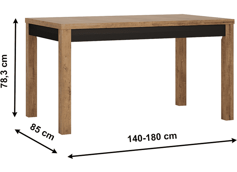 Széthúzható étkezőasztal, lefkas tölgy sötét/matt fekete, 140-180x85 cm, LUCITA HAVT02