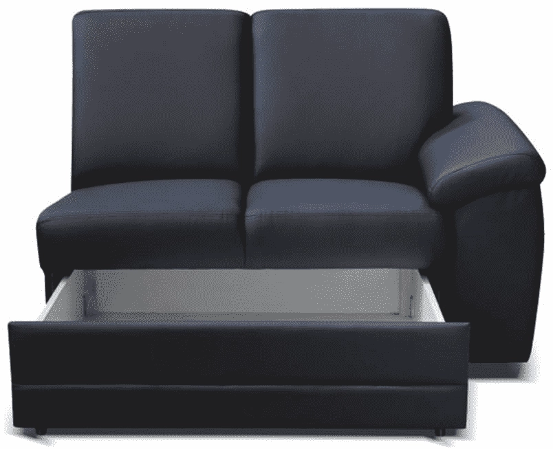 2 személyes kanapé támasztékokkal és rakodótérrel, textilbőr fekete, jobbos, BITER 2 1B ZS