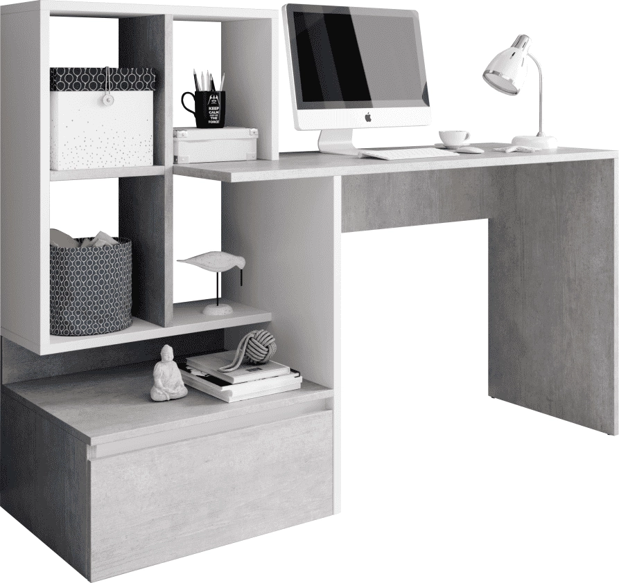 PC-asztal, beton/fehér matt, NEREO